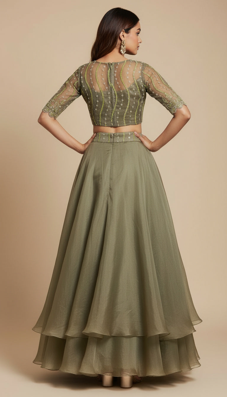 Olivia-Olive Green Designer Lehenga & Croptop