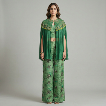 Patralekha-Green Printed Outfit with Embellished Cape