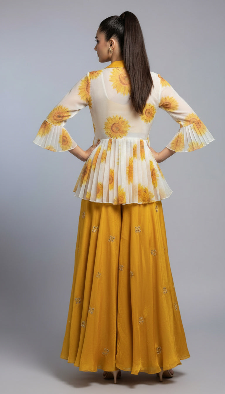 Roshanara- Yellow & White Floral Jacket Sharara Set