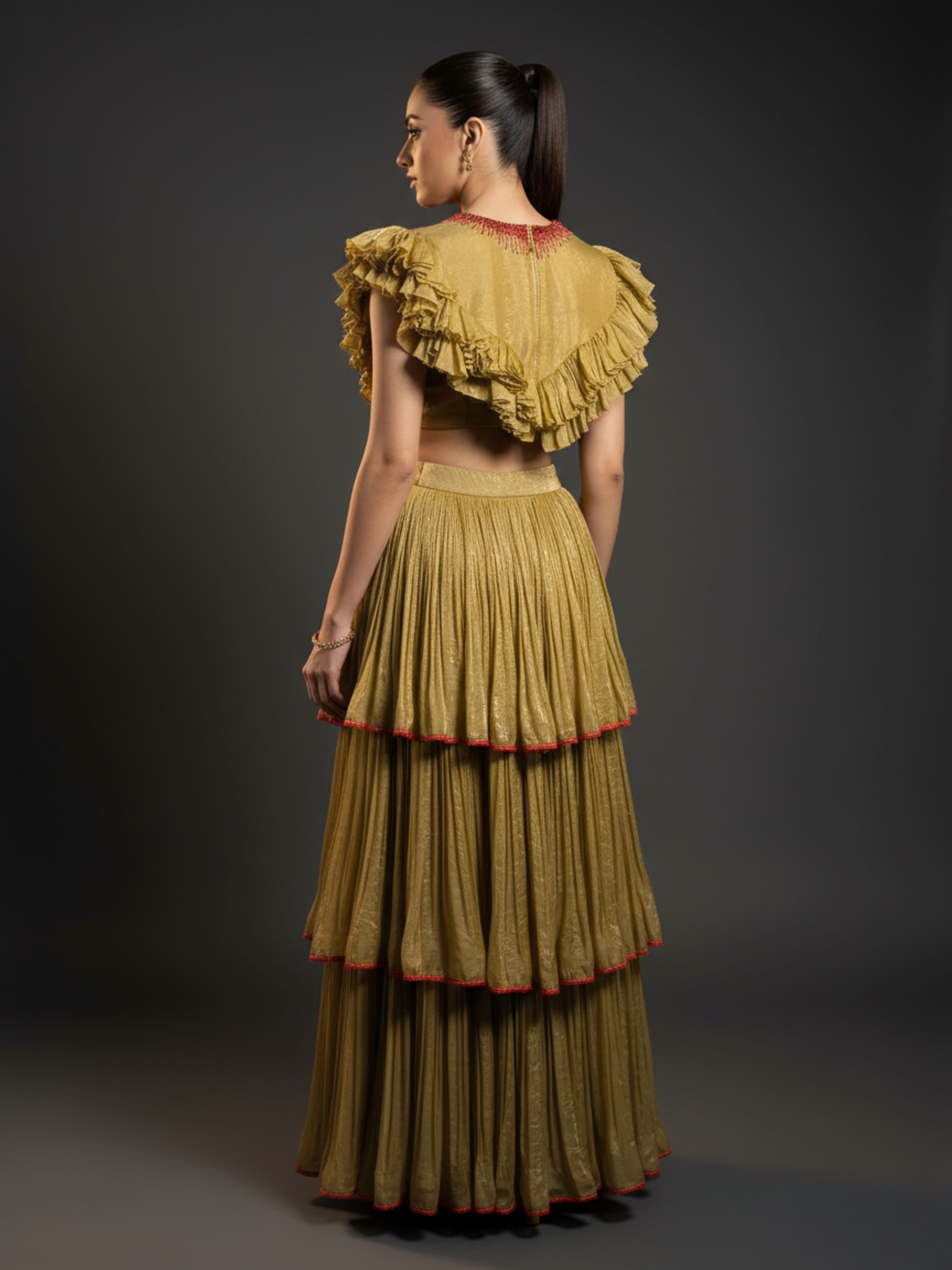 Swarnima-Golden Tiered Lehenga and Crop Top
