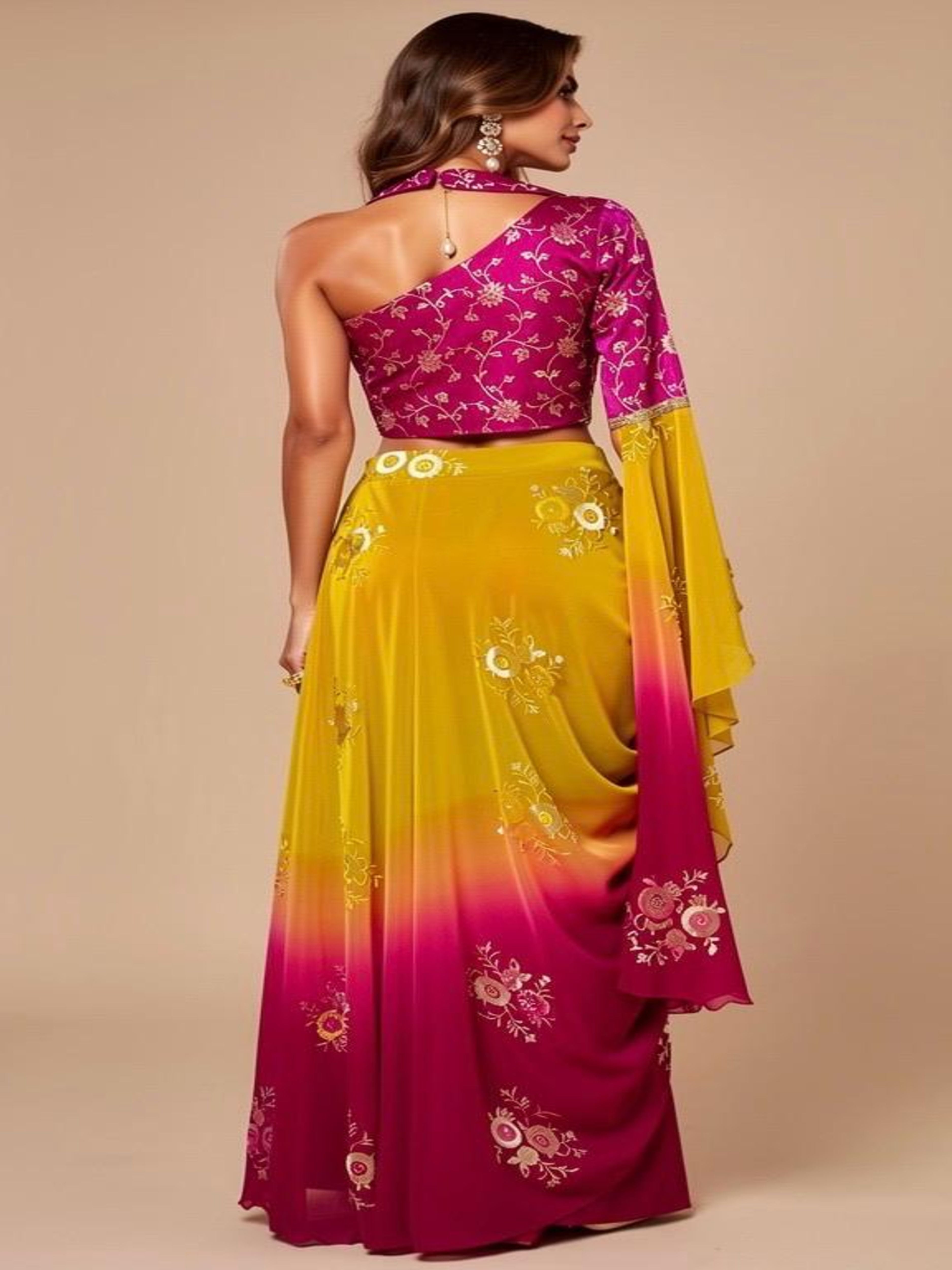 Dual Dazzle-Ombre Draped Lehenga Set