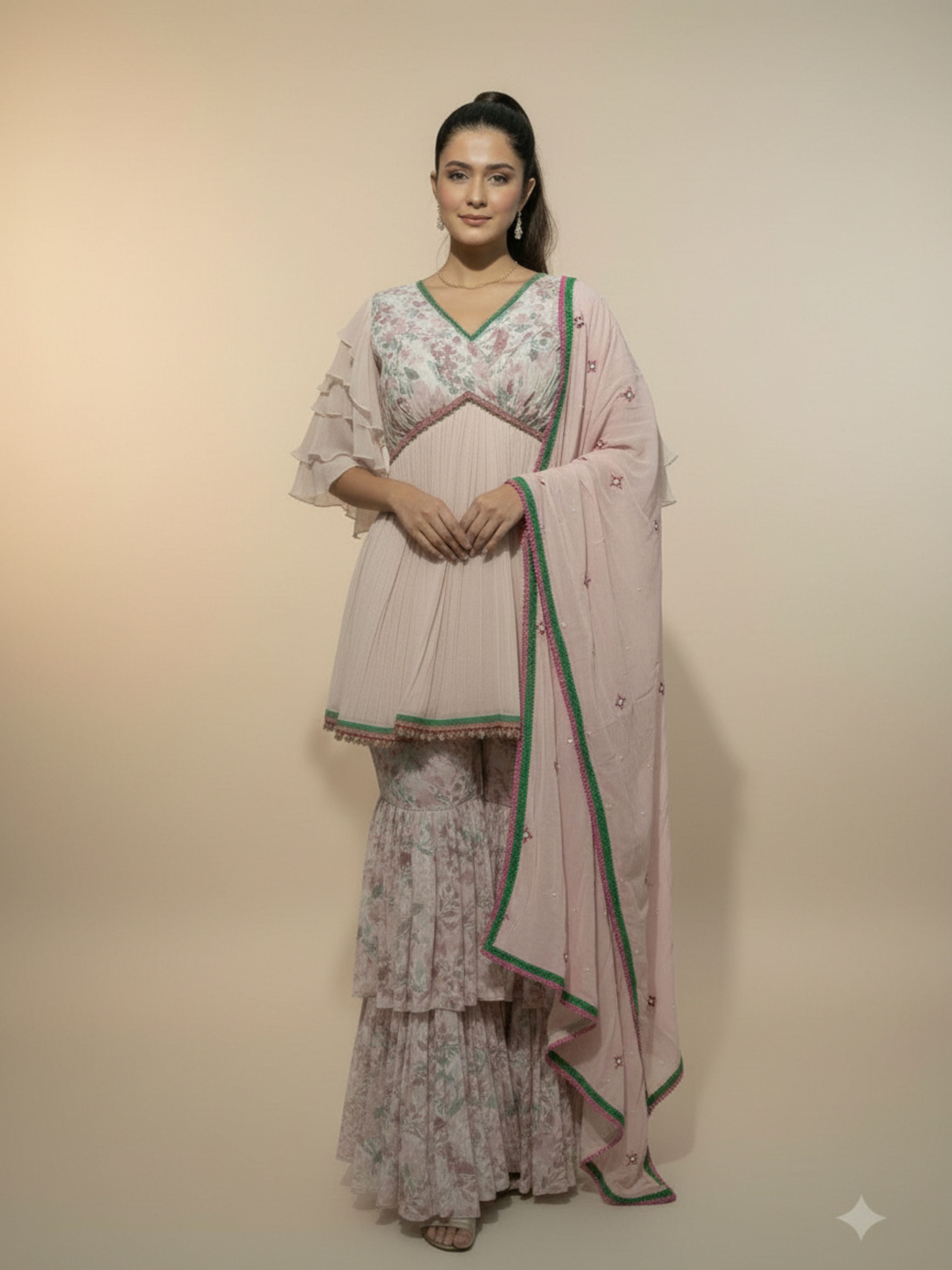 Gulnar-Pastel Floral Sharara Set with Dupatta