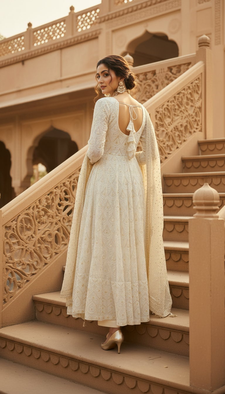 Shvetika-Ivory Embroidered Anarkali Set with Sheer Dupatta