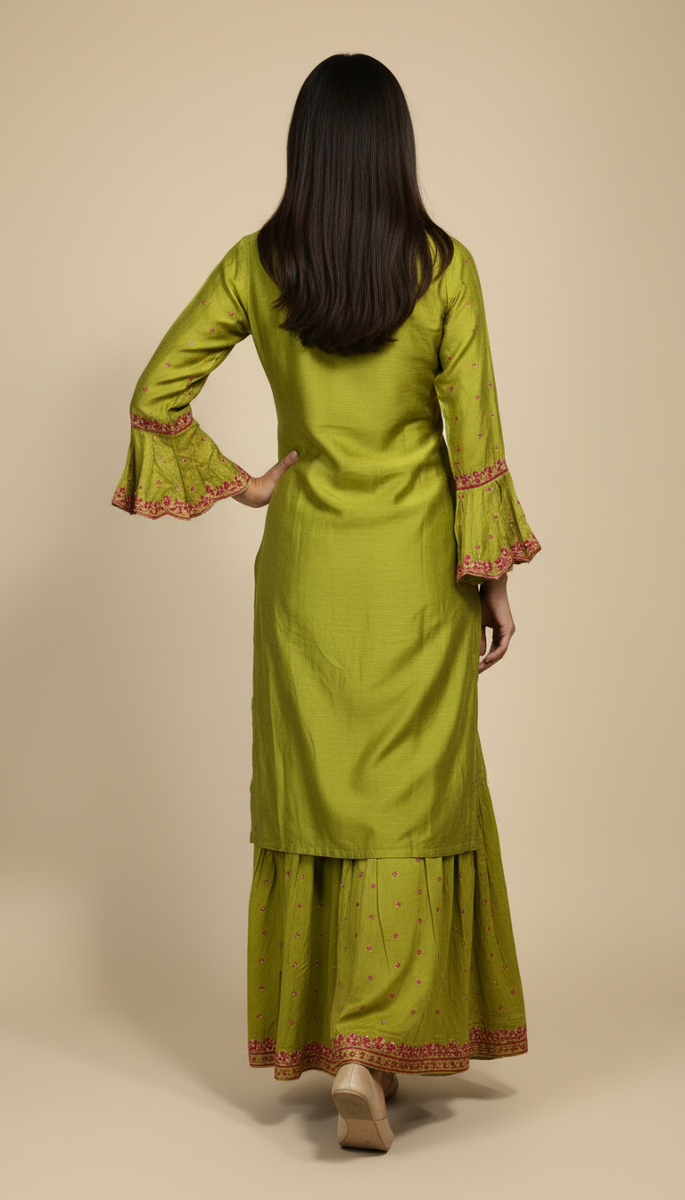 Vasantika-Mehendi Green Embroidered Gharara Set with Dupatta