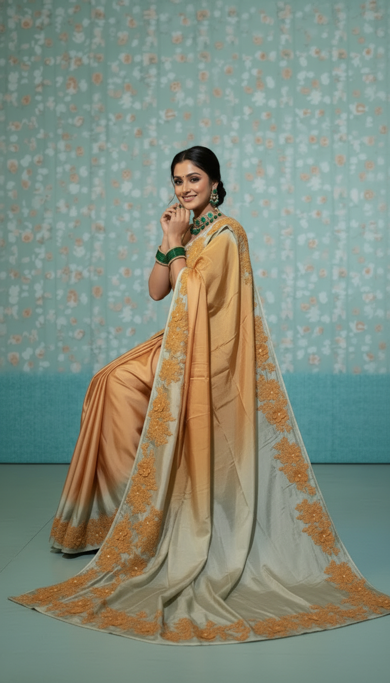 Svarnika-Peach & Soft Mint Applique Saree with Sheer Jacket