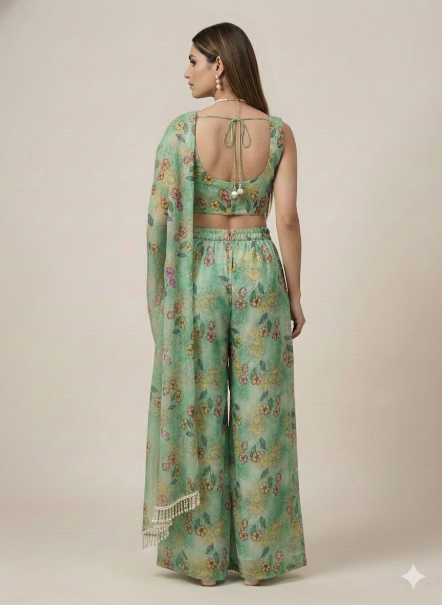 Nazneen-Floral Palazzo Set with Draped Dupatta