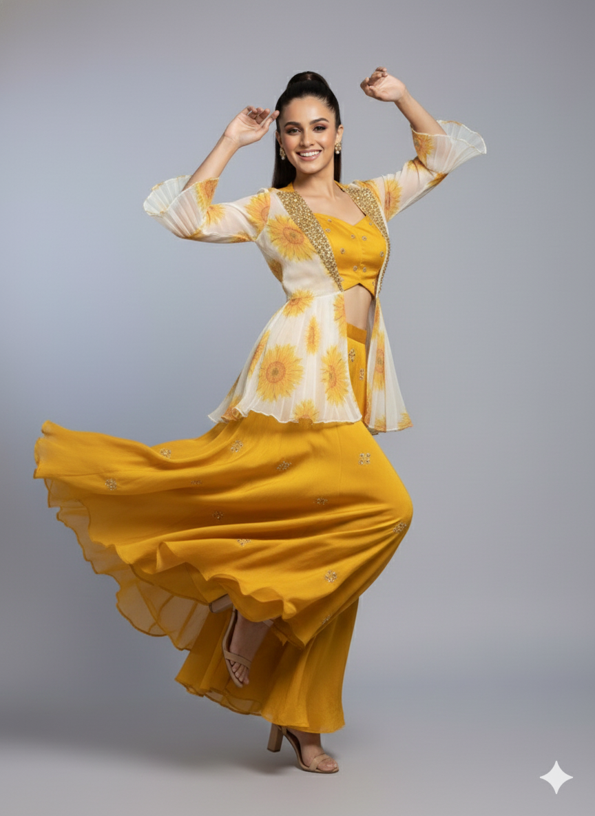 Roshanara- Yellow & White Floral Jacket Sharara Set