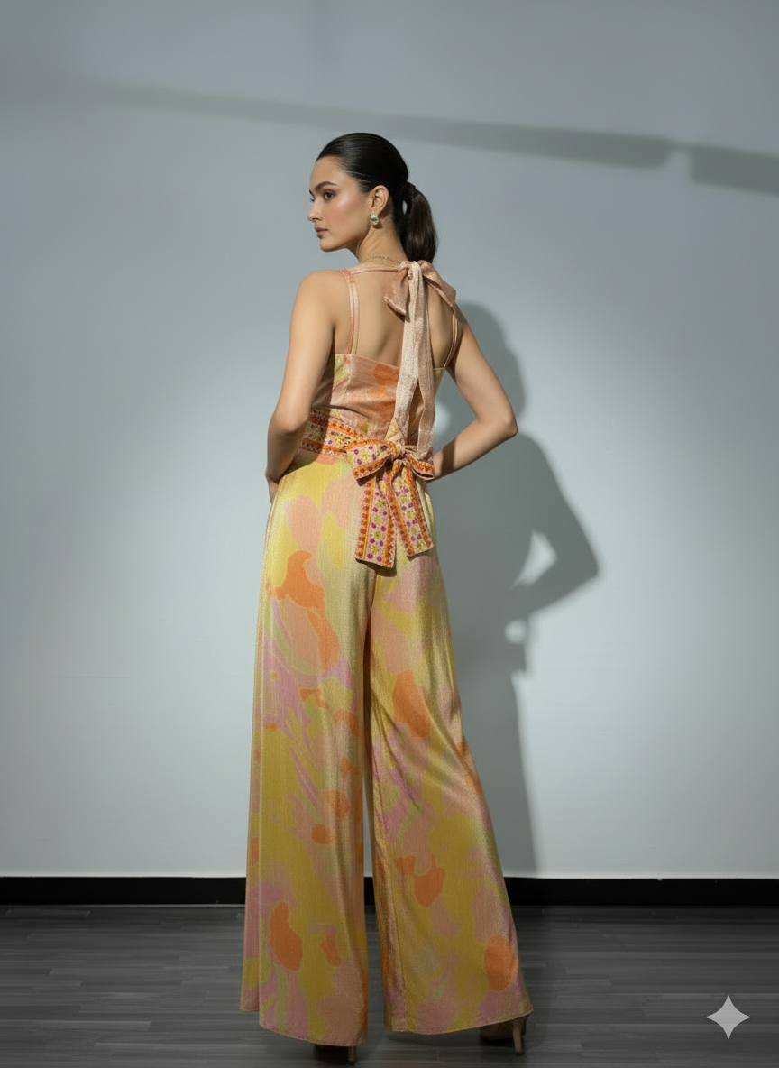 Bahaar-Pastel Sleeveless Jumpsuit with Embellished Cape