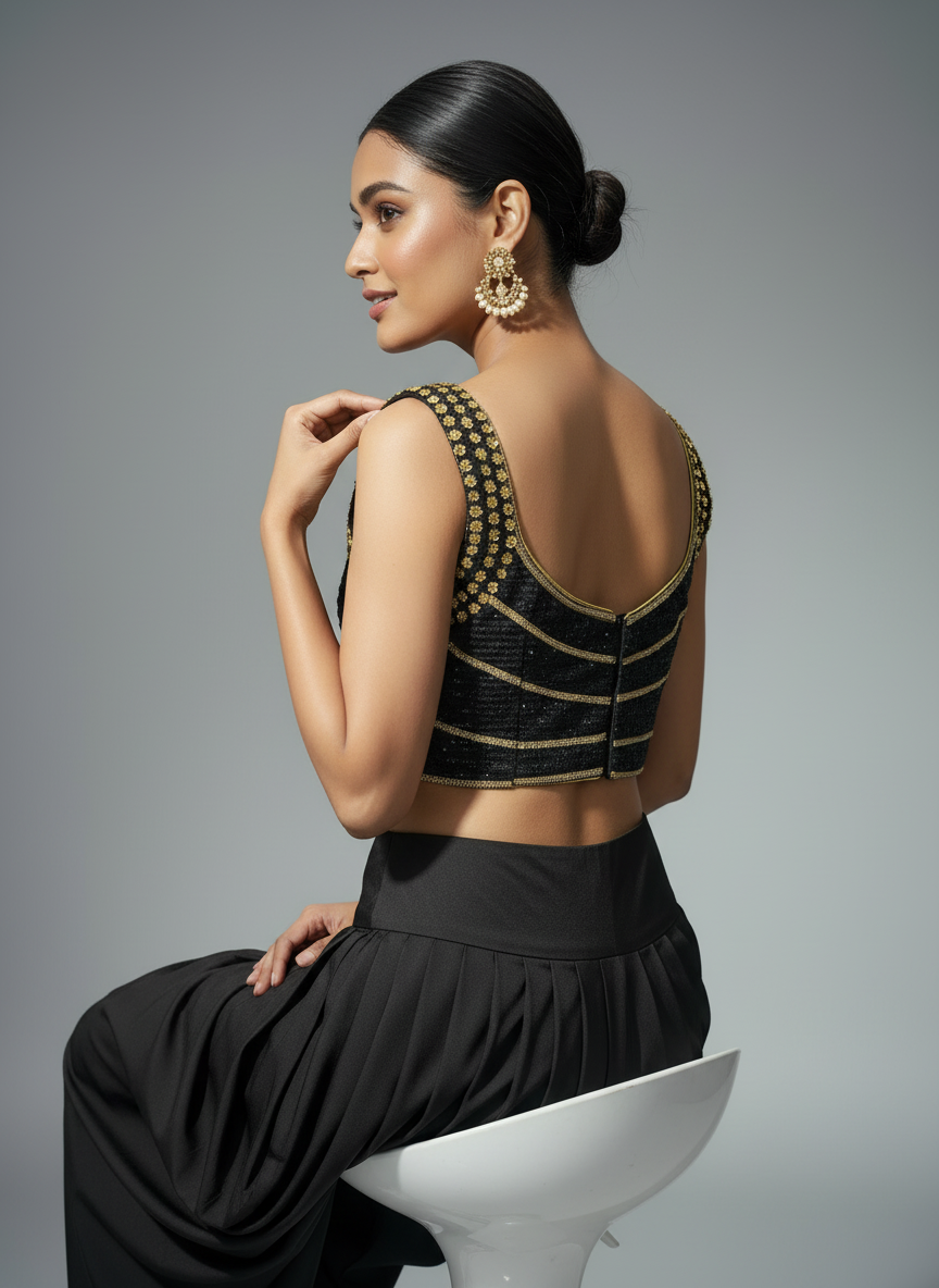 Kosha-Black & Gold Contemporary Draped Ensemble