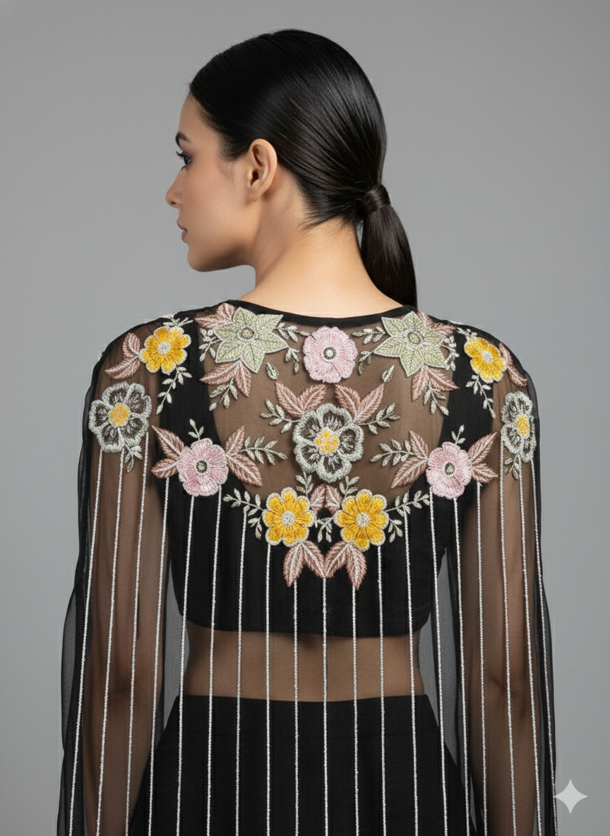 Guldasta-Black Embroidered Cape Lehenga Set