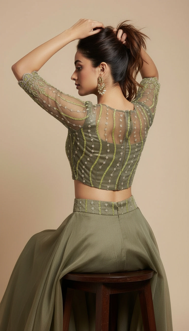 Olivia-Olive Green Designer Lehenga & Croptop
