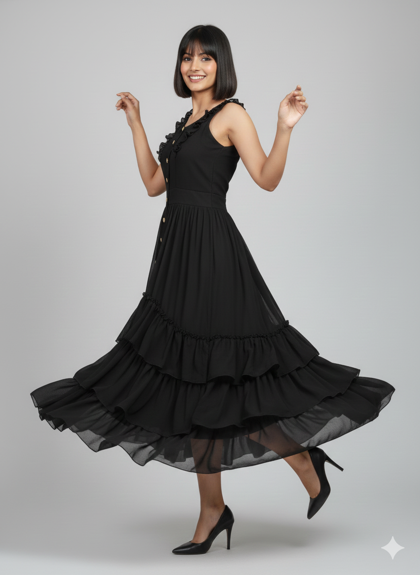 Noir Cascade - Sleeveless Ruffled Dress