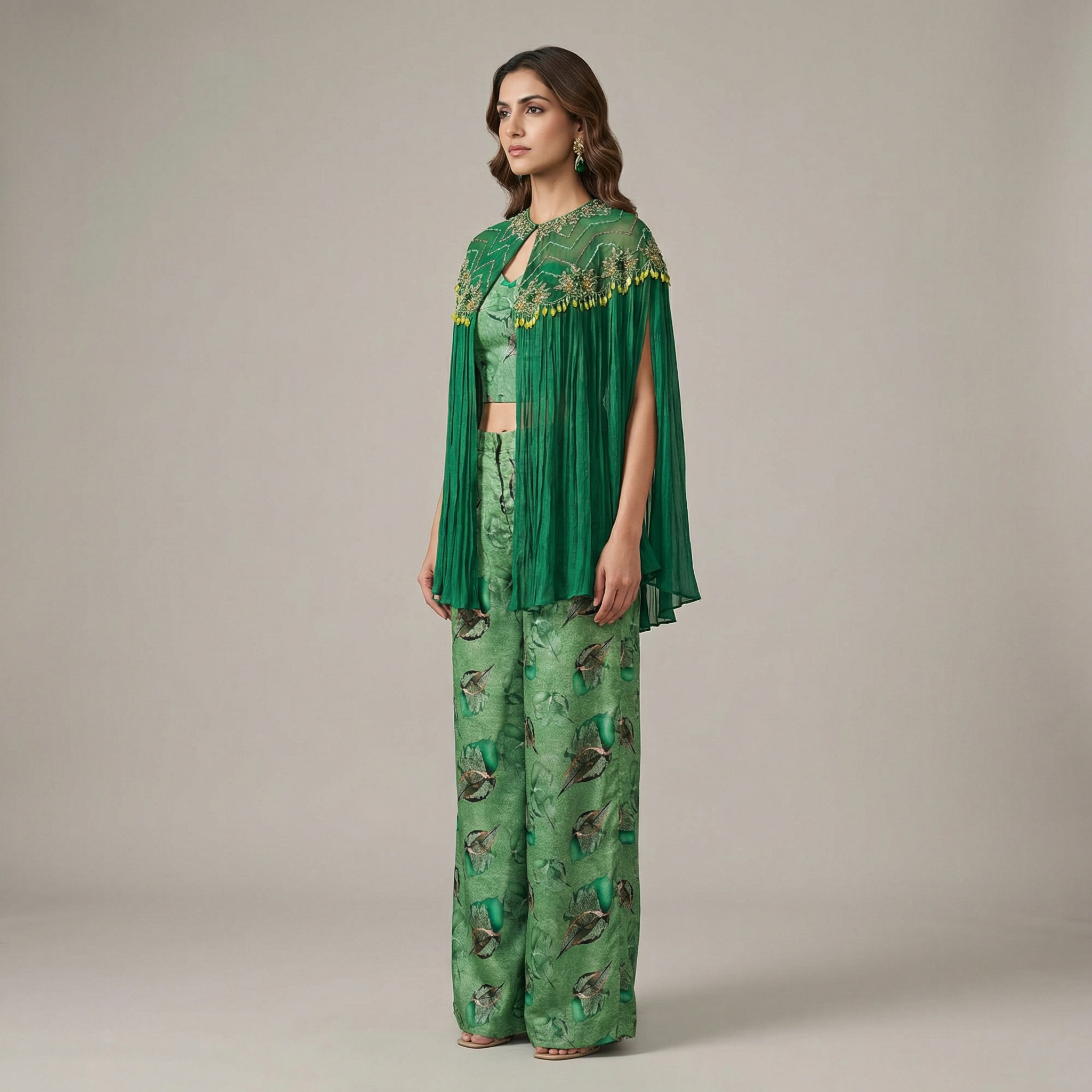 Patralekha-Green Printed Outfit with Embellished Cape