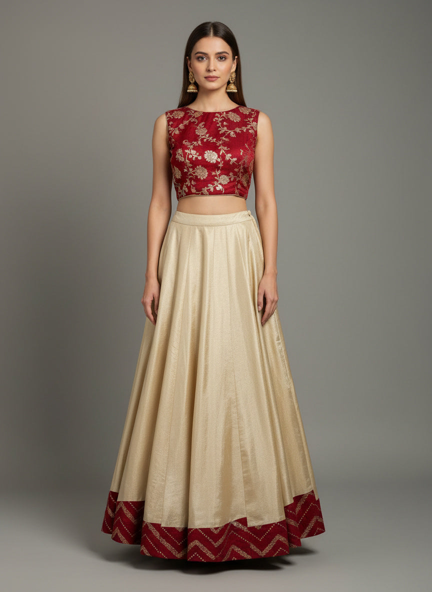Suvarna-Designer Golden Lehenga and Red Blouse
