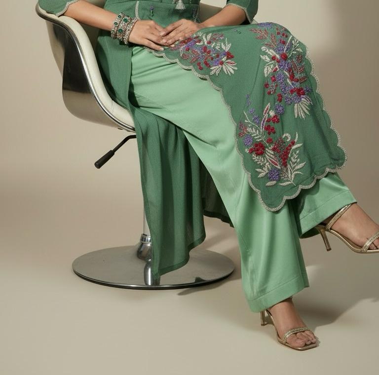 Vasundhara-Luxe Green Embroidered Pallazo Set