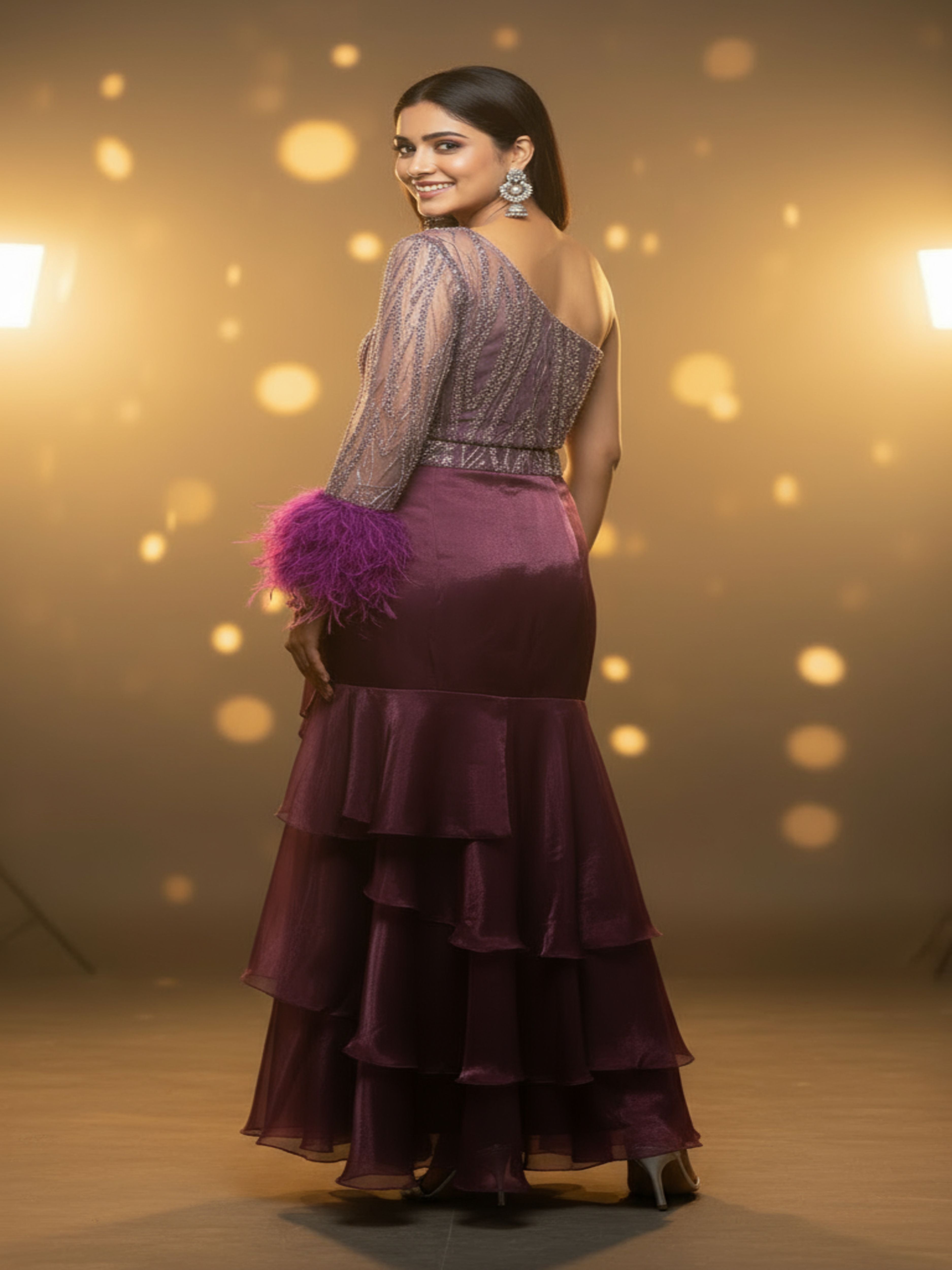 Madhuvarna-Wine Ruffle Lehenga for Cocktail & Reception
