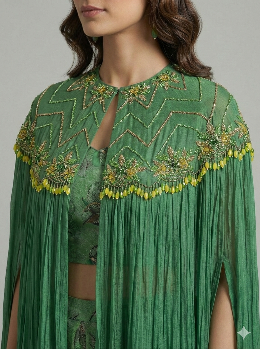 Patralekha-Green Printed Outfit with Embellished Cape