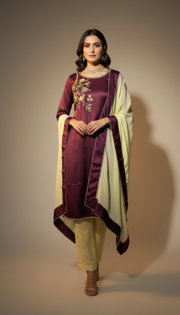 Varnika-Plum Embroidered Kurta Set with Contrast Dupatta