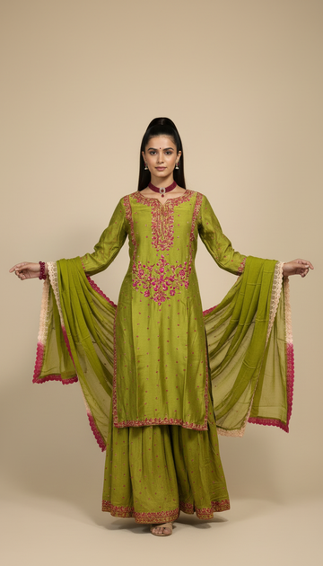 Vasantika-Mehendi Green Embroidered Gharara Set with Dupatta