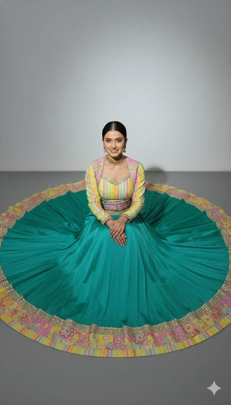 Indradhanush-Multicolour Lehenga Set with Bolero Jacket & Dupatta
