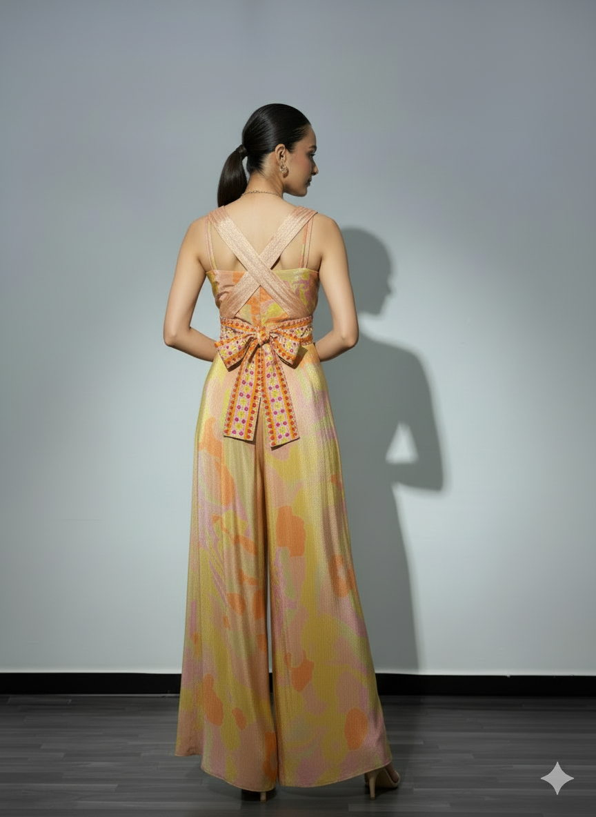 Bahaar-Pastel Sleeveless Jumpsuit with Embellished Cape