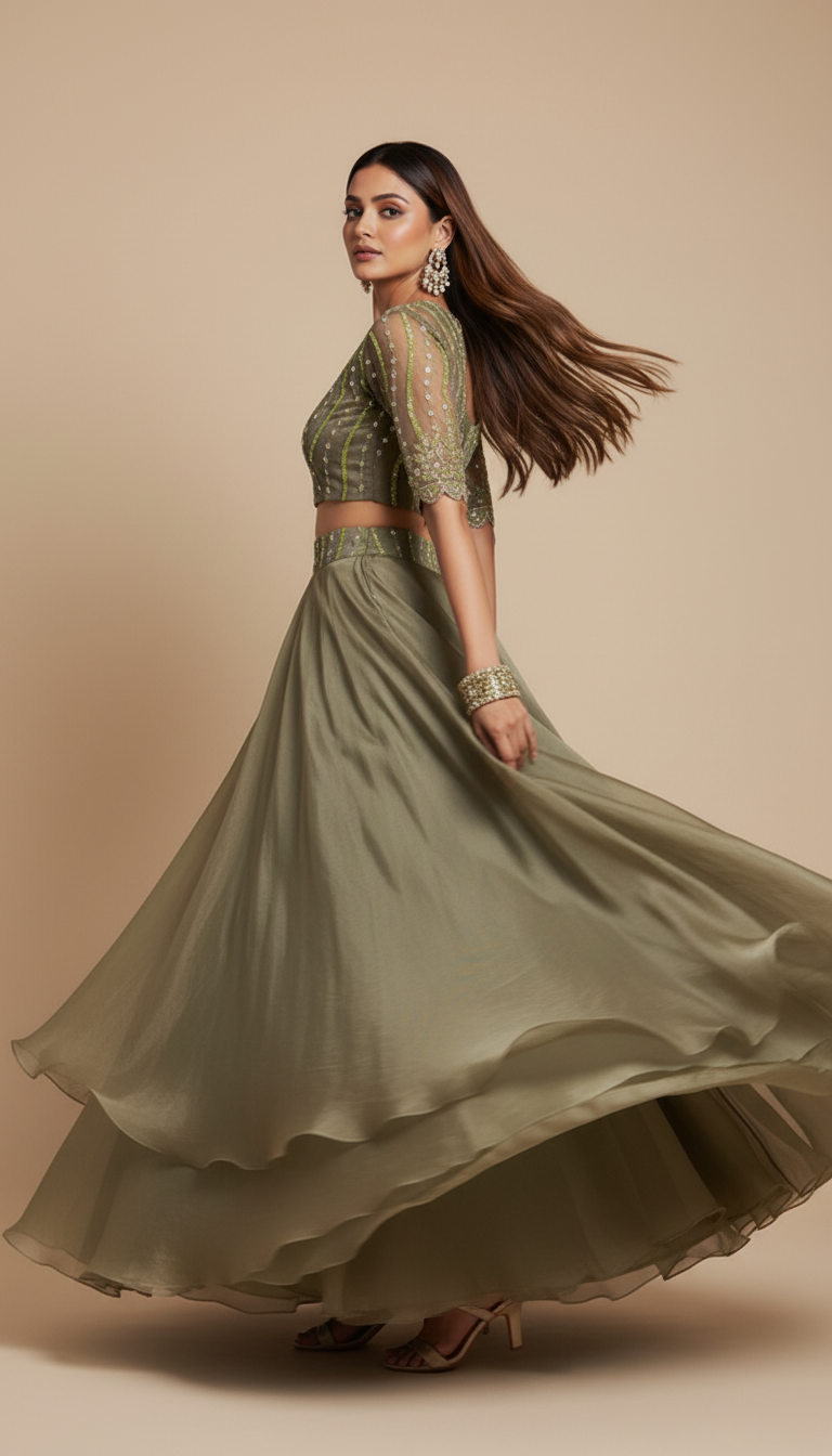 Olivia-Olive Green Designer Lehenga & Croptop