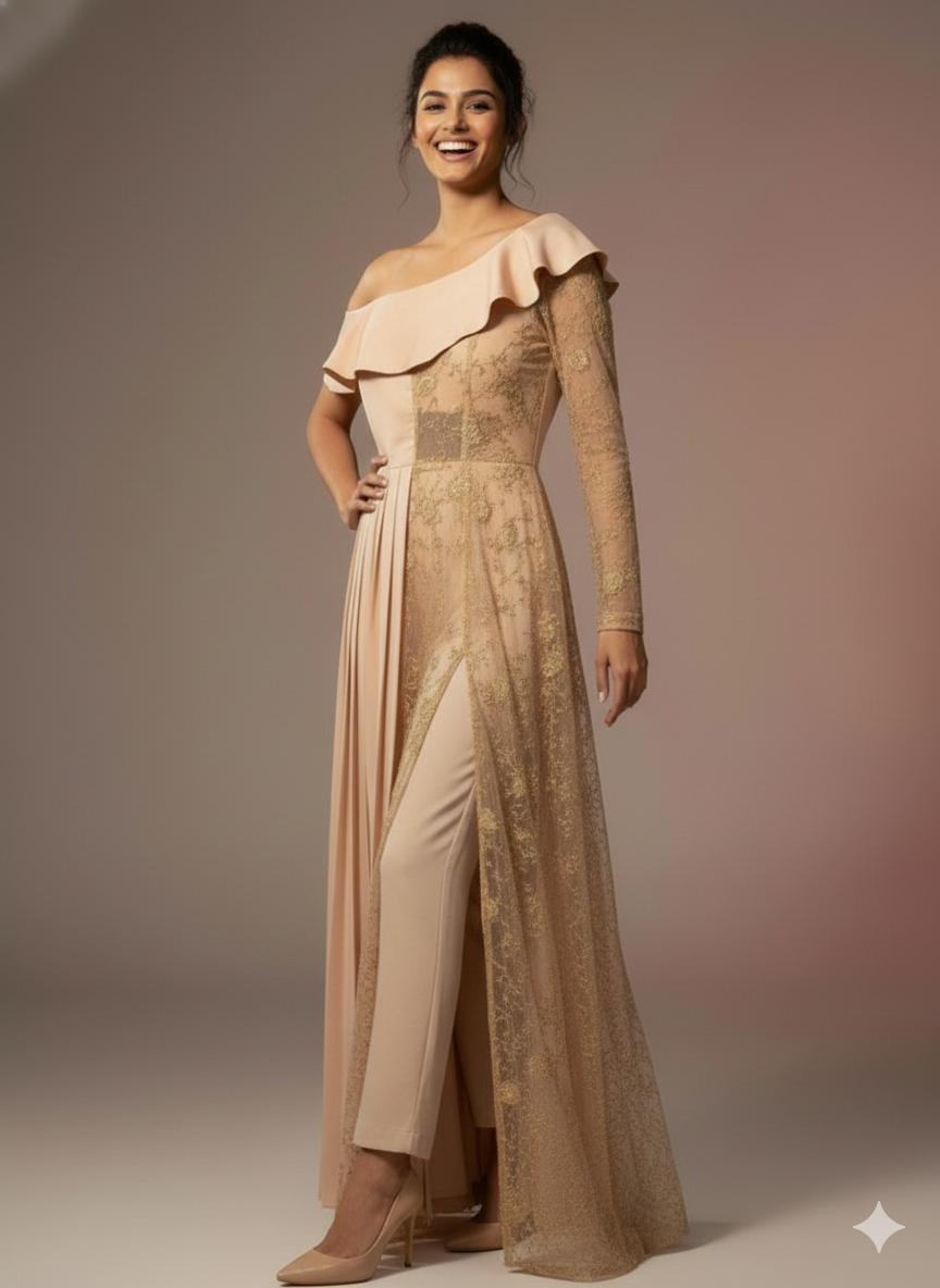 Gulnaaz-Rose Gold Off-Shoulder Pant Ensemble
