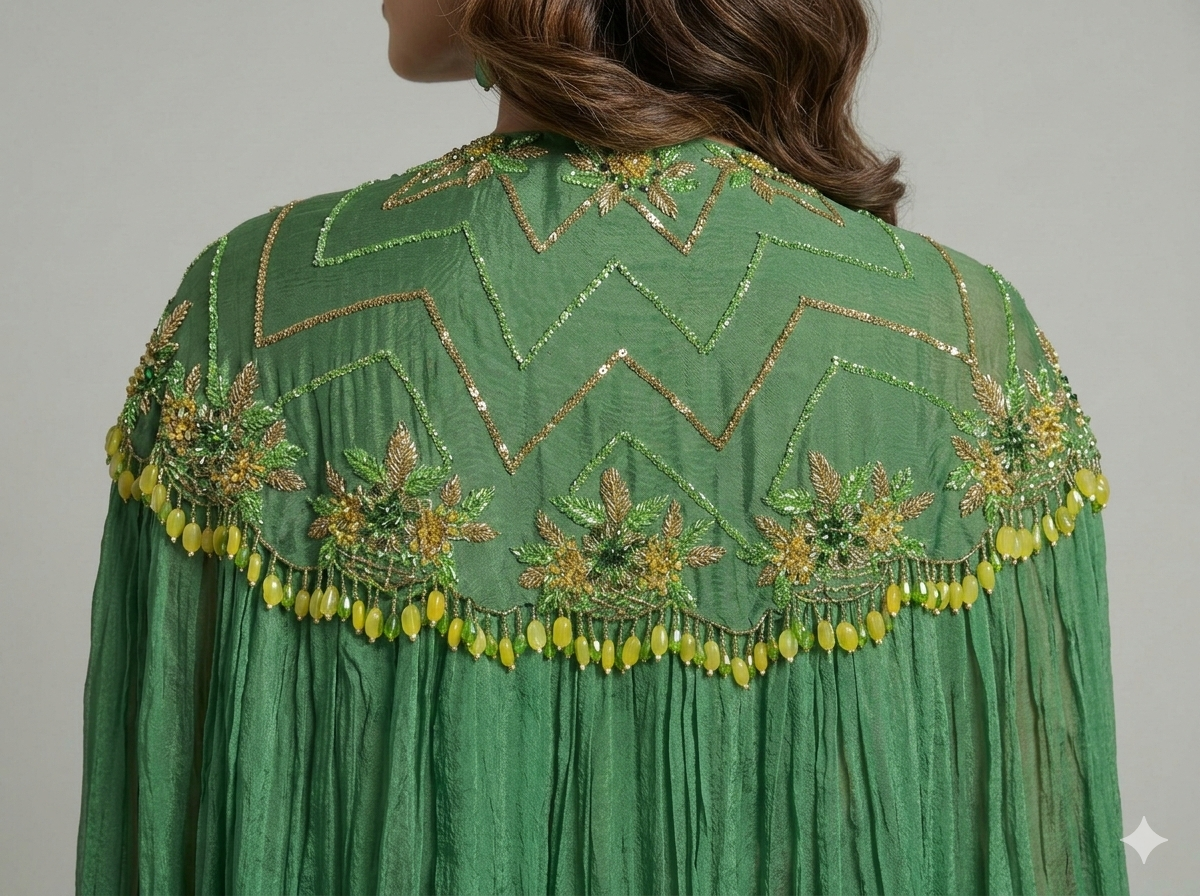 Patralekha-Green Printed Outfit with Embellished Cape