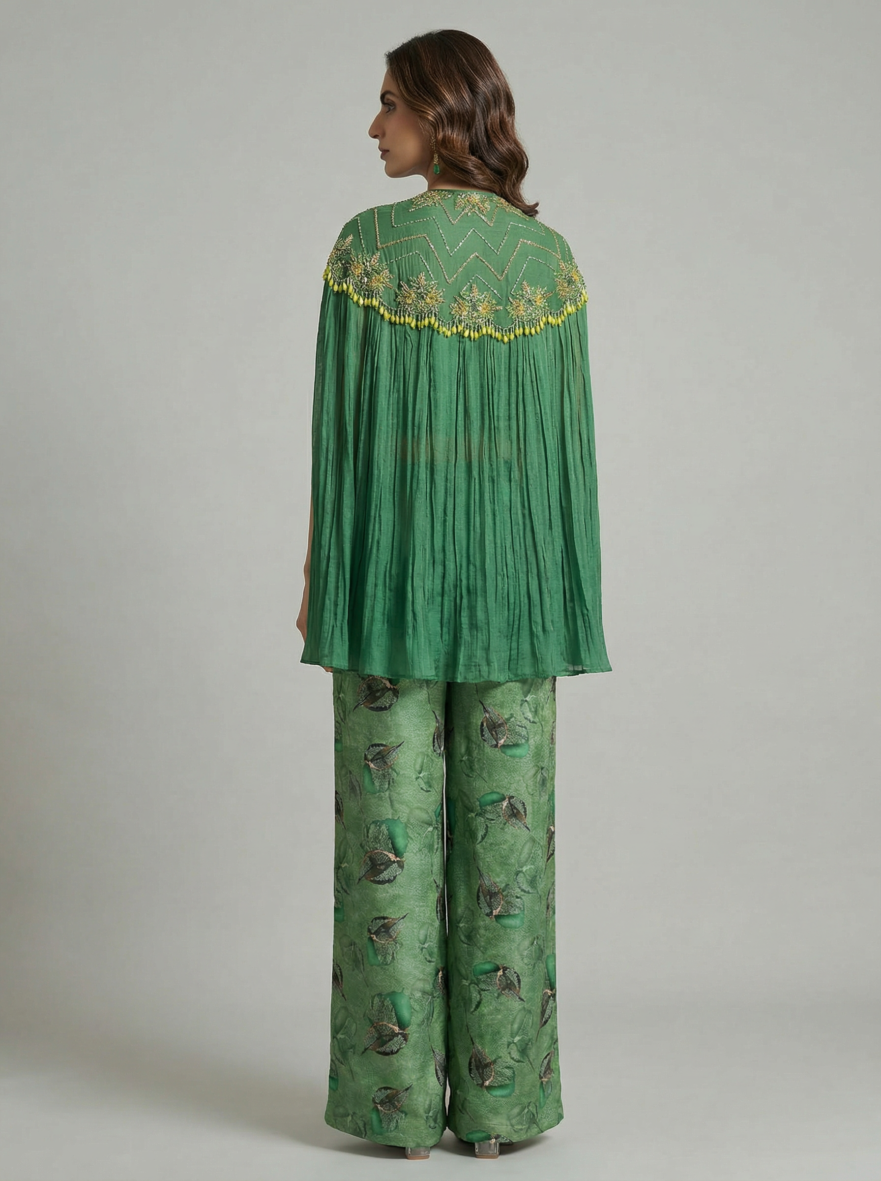 Patralekha-Green Printed Outfit with Embellished Cape