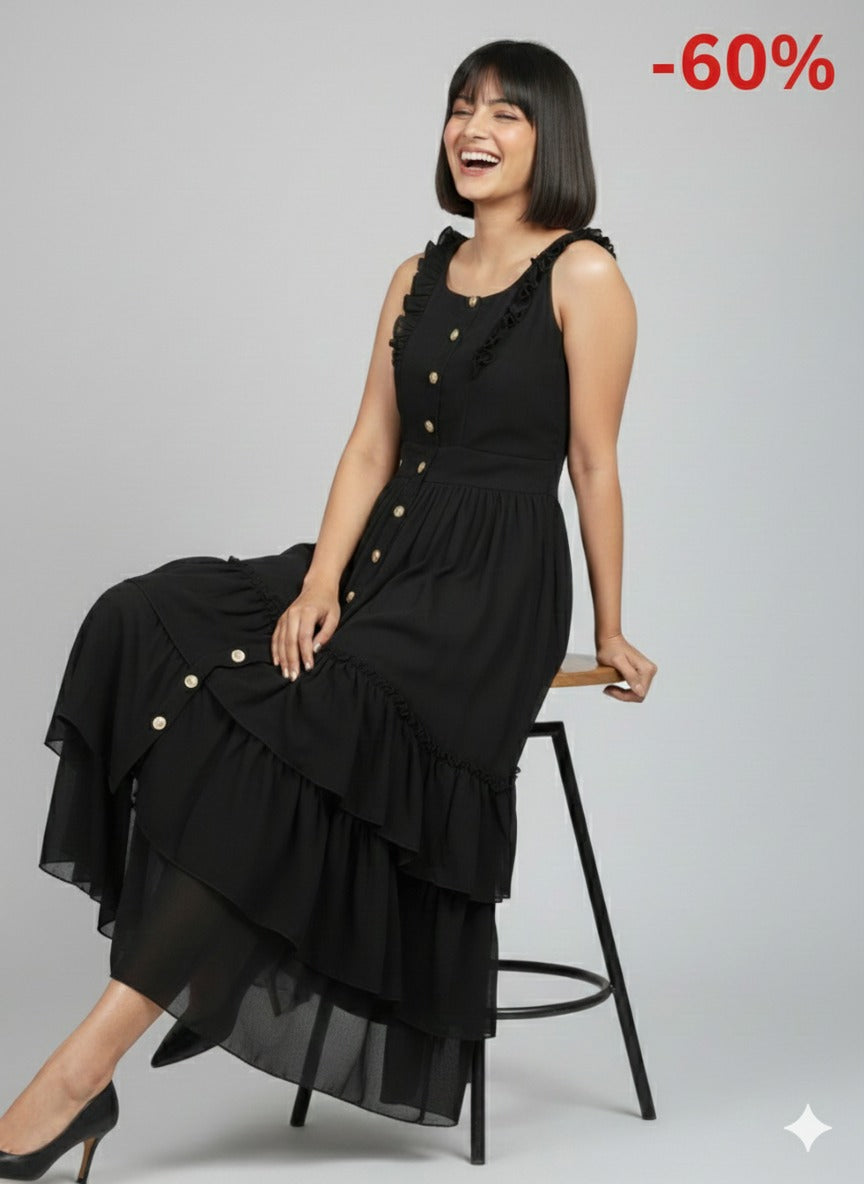 Noir Cascade - Sleeveless Ruffled Dress