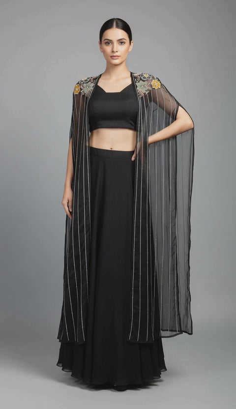 Guldasta-Black Embroidered Cape Lehenga Set